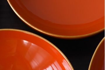 和製アンティーク　扇の図　沈金蒔絵　繊細な装飾が美しい蓋付き木製椀(漆器、和食器)4客セット