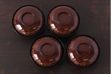 和製アンティーク　アジアンな図柄が目を引く蓋付き木製椀(漆器、和食器)4客セット
