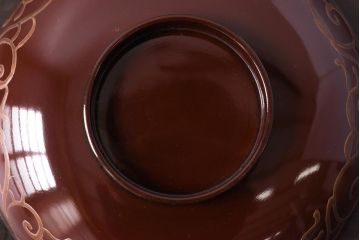 和製アンティーク　アジアンな図柄が目を引く蓋付き木製椀(漆器、和食器)4客セット
