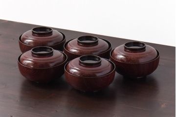 和製アンティーク　輪島塗　高蒔絵　瓢箪の図　上質な蓋付き木製椀(漆器、和食器)5客セット(1)