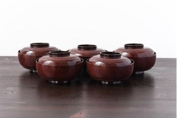 和製アンティーク　輪島塗　高蒔絵　瓢箪の図　上質な蓋付き木製椀(漆器、和食器)5客セット(1)
