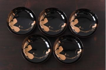 和製アンティーク　輪島塗　高蒔絵　瓢箪の図　上質な蓋付き木製椀(漆器、和食器)5客セット(2)