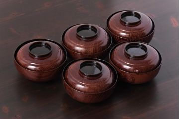 和製アンティーク　輪島塗　高蒔絵　瓢箪の図　上質な蓋付き木製椀(漆器、和食器)5客セット(2)