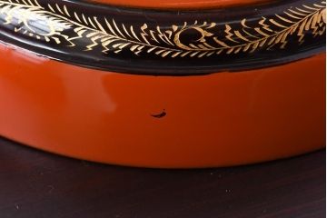 和製アンティーク　沈金蒔絵　波模様がユニークな蓋付き木製椀(漆器、和食器)4客セット