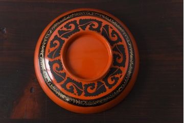 和製アンティーク　沈金蒔絵　波模様がユニークな蓋付き木製椀(漆器、和食器)5客セット(1)