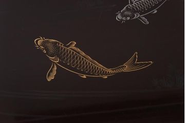 和製アンティーク　鯉の図　和の雰囲気漂う漆塗りのお膳(お盆、トレー)2枚セット(1)