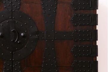 アンティーク家具　和製アンティーク　前面ヒノキ材　無骨な雰囲気を漂わせる観音開き戸の箪笥ローチェスト(ローボード、引き出し、リビングボード)