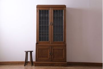 アンティーク家具　イギリスアンティーク　オーク材　ステンドグラスがお洒落なブックケース(収納棚、キャビネット)