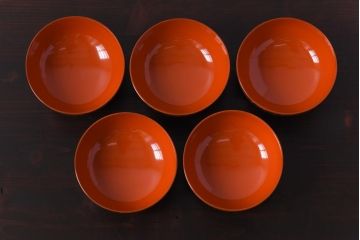 和製アンティーク　沈金蒔絵　波模様がユニークな蓋付き木製椀(漆器、和食器)5客セット(2)