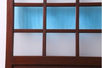 和製アンティーク　ヒノキ材　リメイク　色ガラスレトロモダンな印象の蔵戸(きつね格子、狐格子、建具、引き戸、格子戸、マス目、升目)