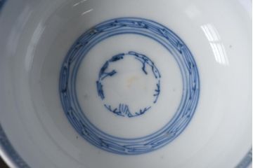 古民具・骨董　幕末明治期　線描染付　細かな図柄が味わい深い蓋付茶碗(和食器)2客セット(1)