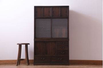 レトロ家具　昭和レトロ　縞黒檀材　麻の葉模様　和の風情感じる上質な茶箪笥(収納棚、戸棚、茶棚)