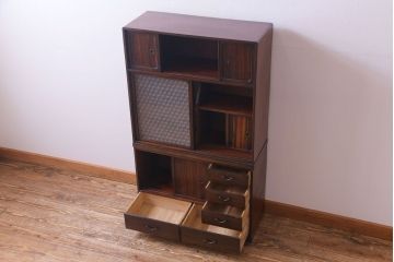 レトロ家具　昭和レトロ　縞黒檀材　麻の葉模様　和の風情感じる上質な茶箪笥(収納棚、戸棚、茶棚)