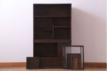 レトロ家具　昭和レトロ　縞黒檀材　麻の葉模様　和の風情感じる上質な茶箪笥(収納棚、戸棚、茶棚)