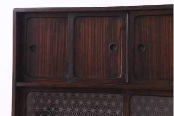 レトロ家具　昭和レトロ　縞黒檀材　麻の葉模様　和の風情感じる上質な茶箪笥(収納棚、戸棚、茶棚)