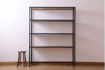 ラフジュ工房オリジナル　チーク材　アンティーク加工が施された味わいのあるアイアンラック(飾り棚)