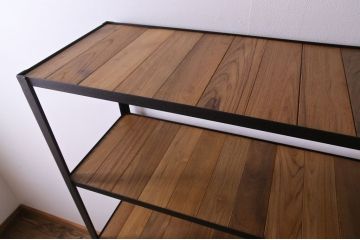 ラフジュ工房オリジナル　チーク材　アンティーク加工が施された味わいのあるアイアンラック(飾り棚)