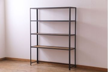 ラフジュ工房オリジナル　チーク材　アンティーク加工が施された味わいのあるアイアンラック(飾り棚)