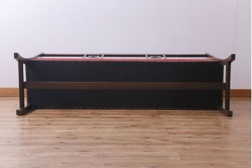 アンティーク家具　大正ロマン　オーク材　象嵌入り　透かし彫りが上品な木製ソファベンチ(3人掛けソファ)