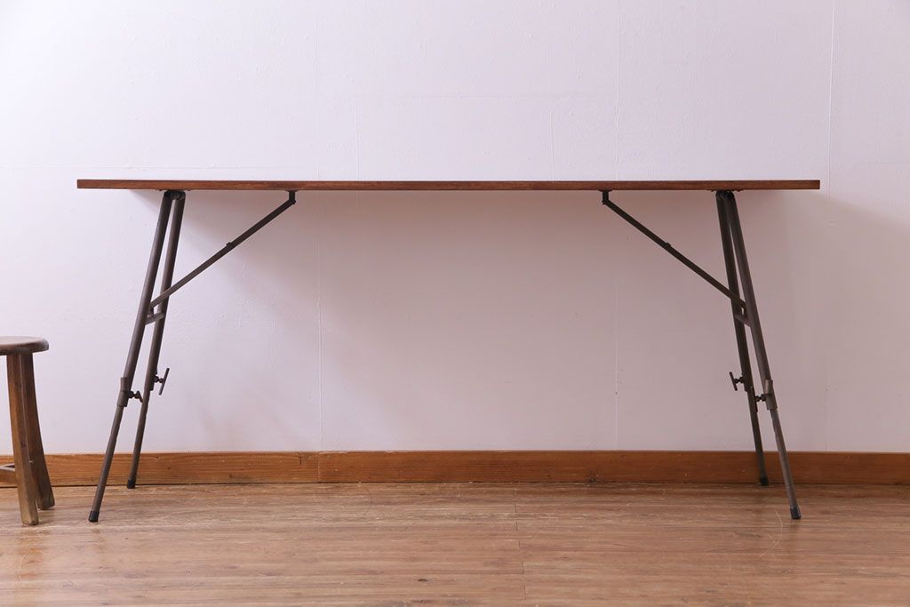 ラフジュ工房オリジナル　鉄脚　ホワイトオーク材製折りたたみテーブル(作業台、ワークデスク、在宅ワーク、在宅用)
