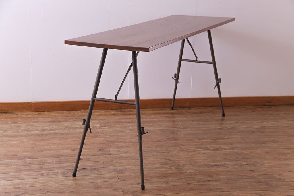 ラフジュ工房オリジナル　鉄脚　ホワイトオーク材製折りたたみテーブル(作業台、ワークデスク、在宅ワーク、在宅用)