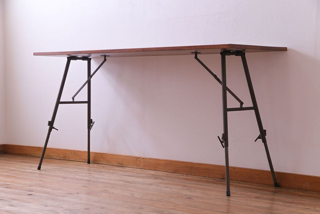 ラフジュ工房オリジナル　鉄脚　ホワイトオーク材製折りたたみテーブル(作業台、ワークデスク、在宅ワーク、在宅用)