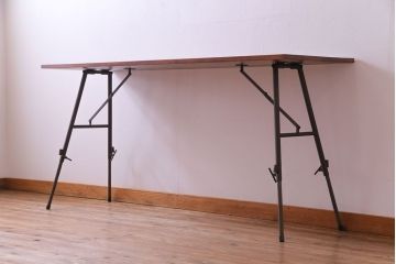 ラフジュ工房オリジナル　鉄脚　ホワイトオーク材製折りたたみテーブル(作業台、ワークデスク、在宅ワーク、在宅用)