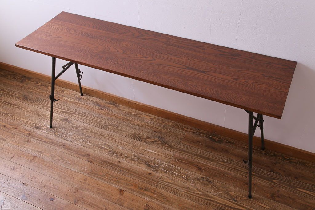 ラフジュ工房オリジナル　鉄脚　ホワイトオーク材製折りたたみテーブル(作業台、ワークデスク、在宅ワーク、在宅用)