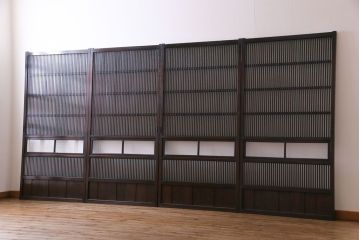 大正昭和初期　ガラス入り　燻された古い木が味わい深い麻の葉ガラス入り格子戸4枚セット(引き戸、建具)