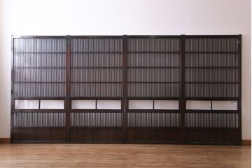 大正昭和初期　ガラス入り　燻された古い木が味わい深い麻の葉ガラス入り格子戸4枚セット(引き戸、建具)