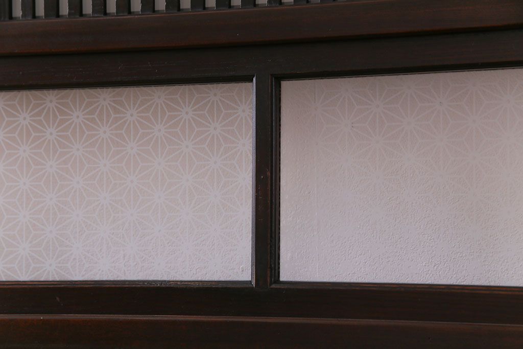 大正昭和初期　ガラス入り　燻された古い木が味わい深い麻の葉ガラス入り格子戸4枚セット(引き戸、建具)