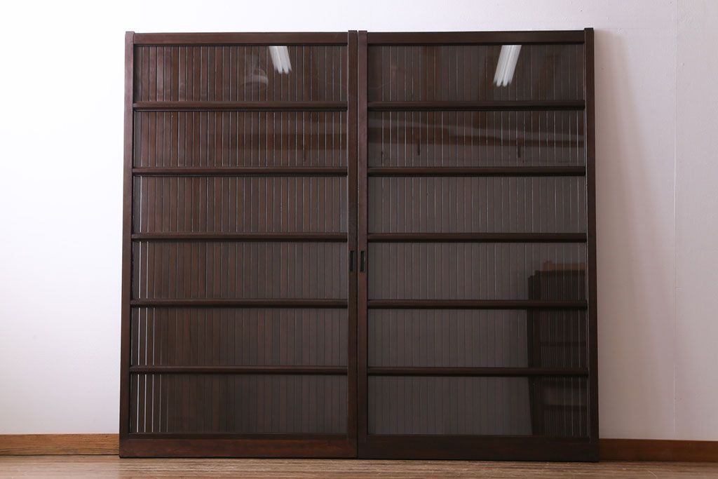 和製アンティーク　ガラス入り　和の風情を演出してくれる平格子戸2枚セット　(R-031430)