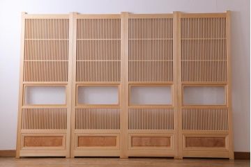 極上　新古品　ヒノキ材　麻の葉ガラス　明るく柔らかな木地が上品な吹き抜け格子戸4枚セット(引き戸)