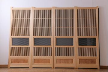 極上　新古品　ヒノキ材　麻の葉ガラス　明るく柔らかな木地が上品な吹き抜け格子戸4枚セット(引き戸)