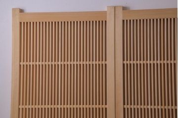 極上　新古品　ヒノキ材　麻の葉ガラス　明るく柔らかな木地が上品な吹き抜け格子戸4枚セット(引き戸)