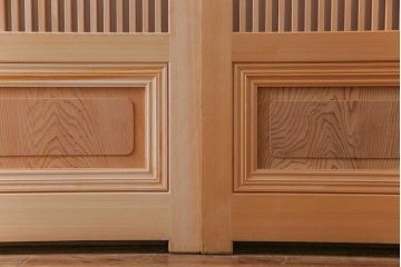 極上　新古品　ヒノキ材　麻の葉ガラス　明るく柔らかな木地が上品な吹き抜け格子戸4枚セット(引き戸)