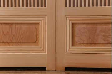 極上　新古品　ヒノキ材　麻の葉ガラス　明るく柔らかな木地が上品な吹き抜け格子戸4枚セット(引き戸)