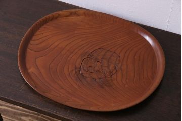 アンティーク　箱付き　ケヤキ製　雲雀刀　伎面　存在感のある彫刻盆(トレー)