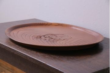 アンティーク　箱付き　ケヤキ製　雲雀刀　伎面　存在感のある彫刻盆(トレー)