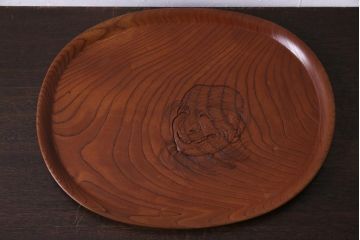アンティーク　箱付き　ケヤキ製　雲雀刀　伎面　存在感のある彫刻盆(トレー)