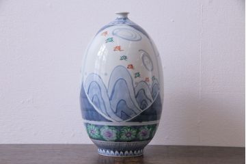 アンティーク雑貨　中古　六代　佐藤走波　共箱付き　染錦波千鳥草花文壷(つぼ、花器)