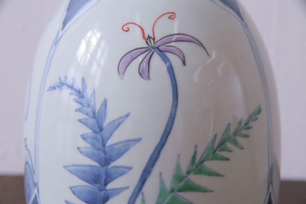 アンティーク雑貨　中古　六代　佐藤走波　共箱付き　染錦波千鳥草花文壷(つぼ、花器)