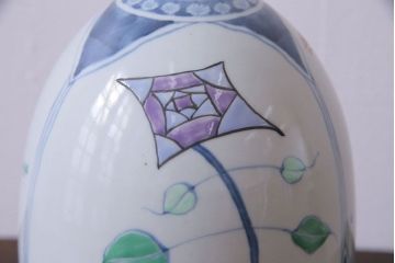 アンティーク雑貨　中古　六代　佐藤走波　共箱付き　染錦波千鳥草花文壷(つぼ、花器)