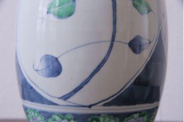 アンティーク雑貨　中古　六代　佐藤走波　共箱付き　染錦波千鳥草花文壷(つぼ、花器)