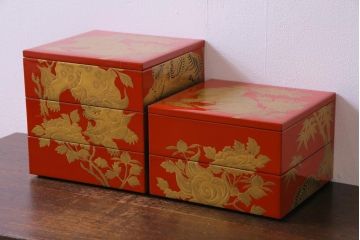 和製アンティーク　牡丹獅子・竹虎の図　共箱付き八寸重五組(重箱、和食器)