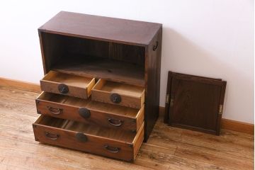 アンティーク家具　和製アンティーク　前面ケヤキ材　味わいのある趣が和の雰囲気を引き立てる帳場箪笥(収納棚、キャビネット)