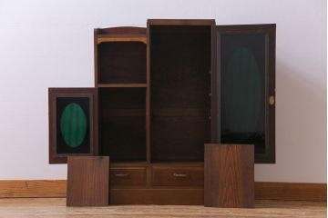 アンティーク家具　大正ロマン　木と色ガラスの組み合わせがおしゃれな本箱(収納棚、戸棚)
