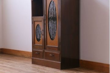 アンティーク家具　大正ロマン　木と色ガラスの組み合わせがおしゃれな本箱(収納棚、戸棚)
