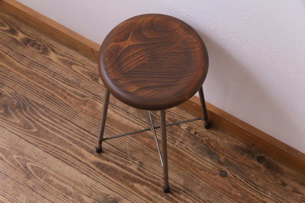 ラフジュ工房オリジナル　細身の鉄脚が格好いい丸スツール(チェア、椅子)(2)