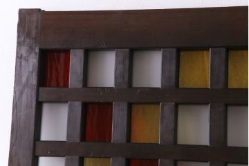和製アンティーク　ヒノキ材　色ガラス入り　大正ロマンの雰囲気がお洒落な蔵戸(建具、引き戸、玄関戸)